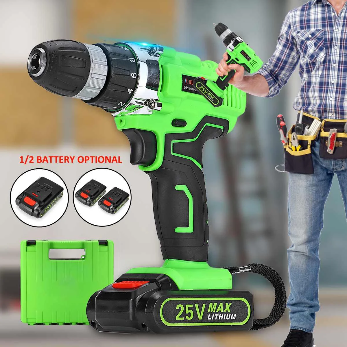 

25V Electric Screwdriver Power Screw 2-Speed Electric Cordless Drill 3/8" Driver Rechargeable Li-Ion 1/2 Batteries Home DIY Tool