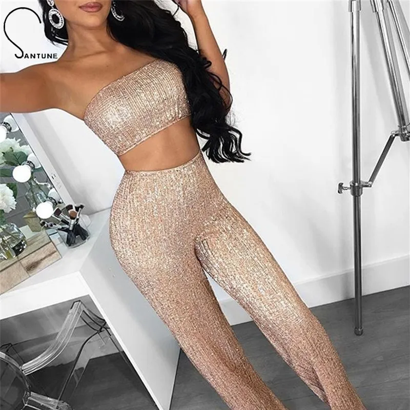 

Sanunte 2019 Summer Sequined SexyTwo Pieces Set Hollow Out Strapless Top And Short Women Set Elegant 2 Piece Set Women Outfits
