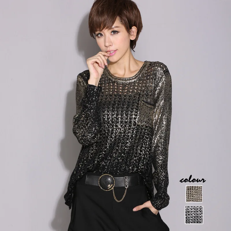 #1336 Spring Hip Hop Sweater Irregular Gold/Silver Knitted Sweaters Ladies Hollow Out Loose Pulover Womens Sweaters Asymmetrical