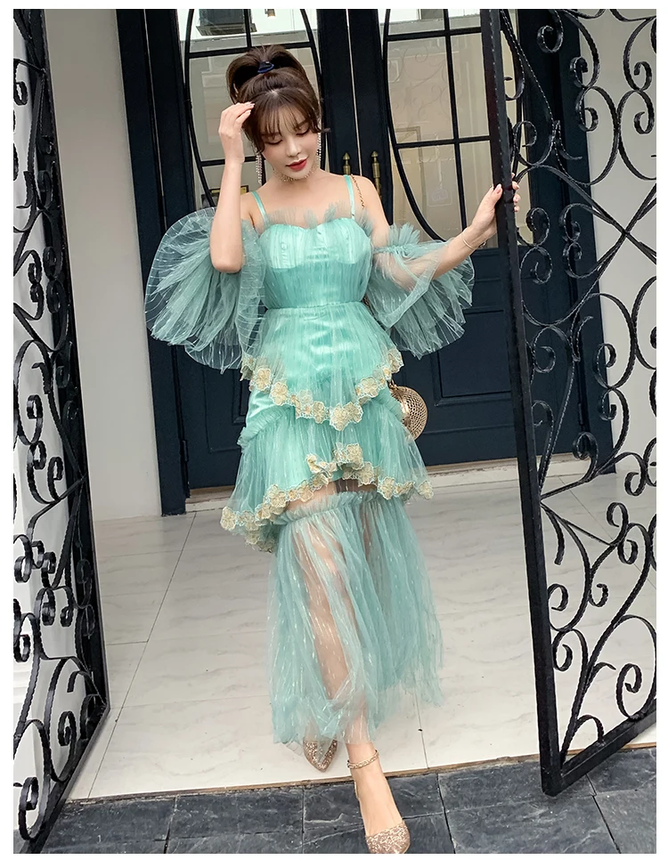 الفاخرة مصمم شبكة طويلة النساء حزب الدانتيل اللباس 2019 الصيف الأخضر الذهب التطريز الكشكشة تول اللباس مثير الرسن فستان مناسبات