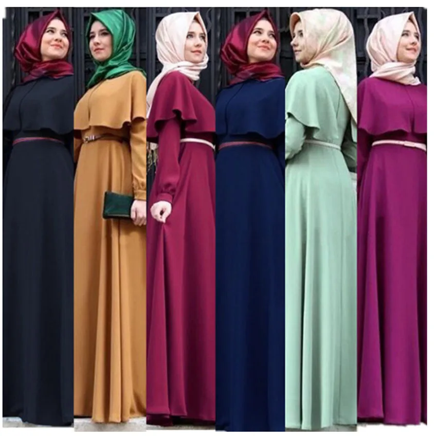

Woman Muslim Traditional Abaya Dress Gothic Style Ruffle Round Neck Solid Color Islamic Robe Clothing Kaftan Ramadan Wear