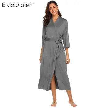 

Ekouaer Long Robe Dressing Gown V Neck Long Sleeve Robe Sleepwear Nightgown Bathrobes Women Solid Casual Comfortable Loose Robes