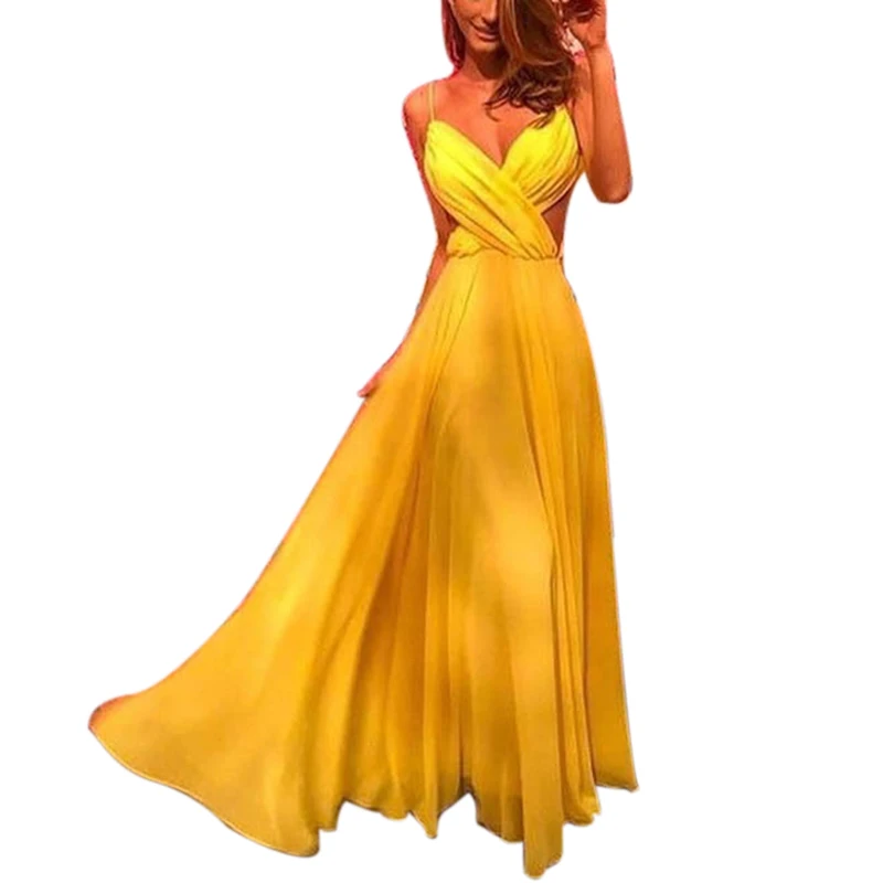 

Womens V-neck Dress Evening Party Beach Chiffon Backless Sundress solid color big swing A-line elegant dress