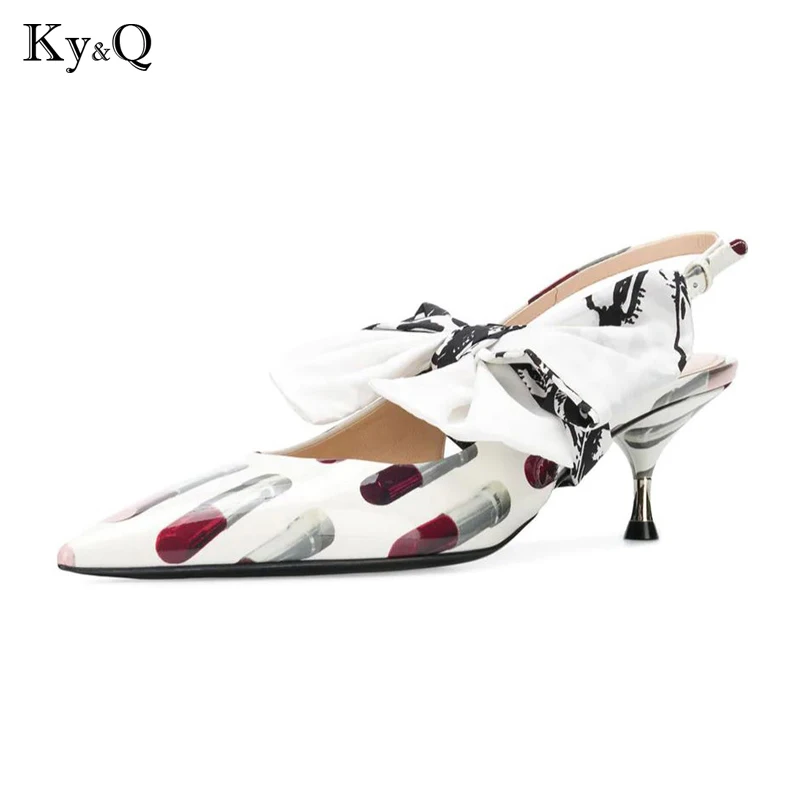 

2019 Spring New Fashion Ribbon Baotou Stiletto Buckle With Bow Pointed Shallow Mouth One Shoes Two Wear Casual High Heels5-8cm