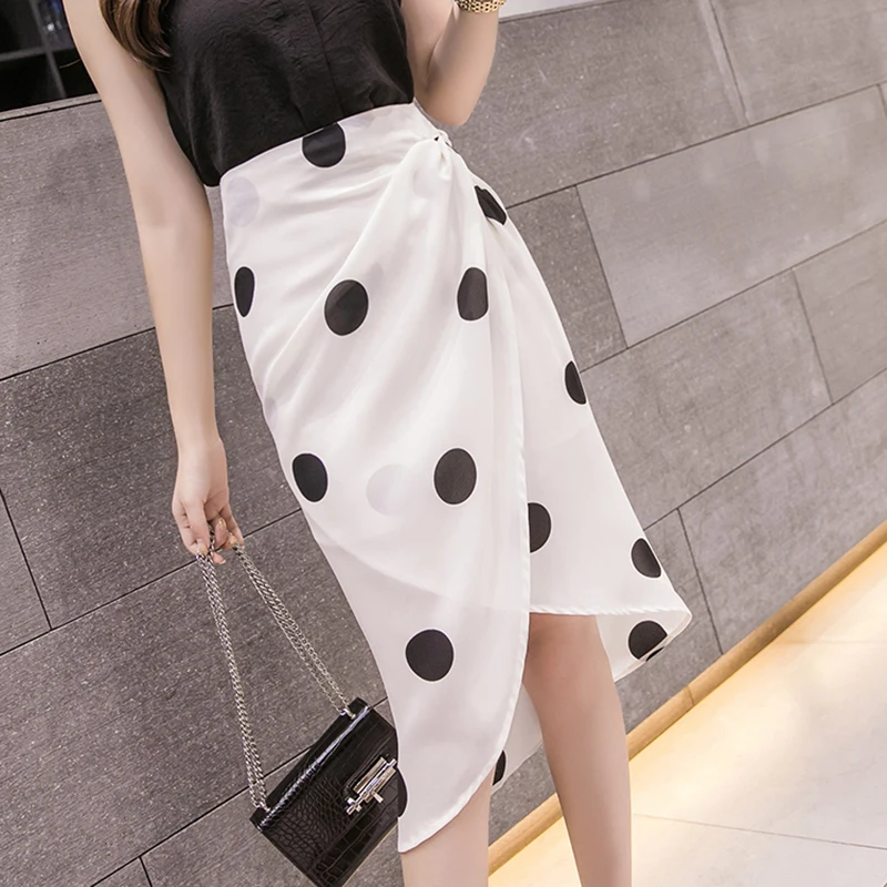 

Korean Empire Sweet Chiffon Dot Harajuku Women Skirt Summer A-Line Office Lady Mid-Calf Casual Cute High Waist Kawaii Skirts