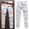 Pantalones ajustados de motorista para hombre, Vaqueros rasgados desgastados con cremallera en la rodilla, rojo y blanco ► Foto 3/5