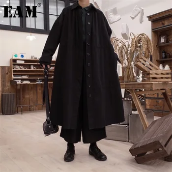 

[EAM] 2020 Spring Woman New Stylish Black Color Long Sleeve Turn-down Collar Long Loose Single Breasted Trench Coat LI419