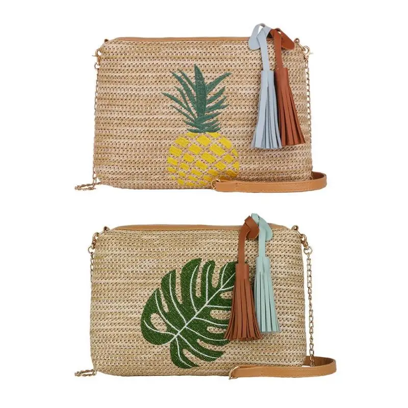 

Women Straw Shoulder Bags Embroidery Zipper Shopping Messenger Handbags