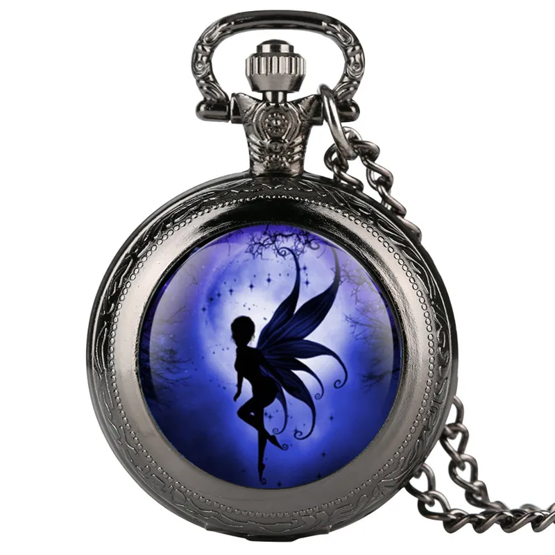 Часы-цепочка элегантные женские карманные часы сказочные ангелы на Луне кварцевые карманные часы ювелирное ожерелье с подвеской