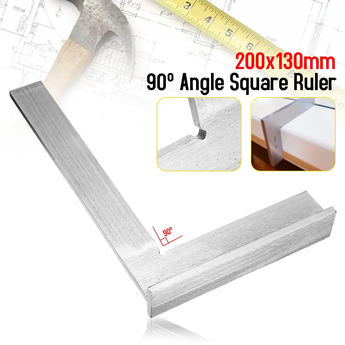 

200x130mm Stainless Steel 90° Angle Square Ruler Corner Wide Base Gauge Measuring Tools for Making Corners Centering Stone