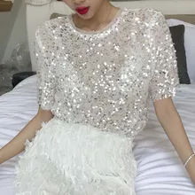 Hong Kong Высокое качество Новая Летняя женская одежда мода темперамент Тонкий круглый вырез Короткие Блестки Горячая линия bling Твердые футболки