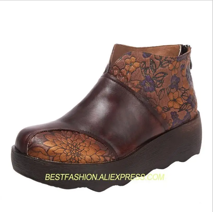 

Autumn and winter women's shoes new platform women's boots retro printing shoes women leather genuineness