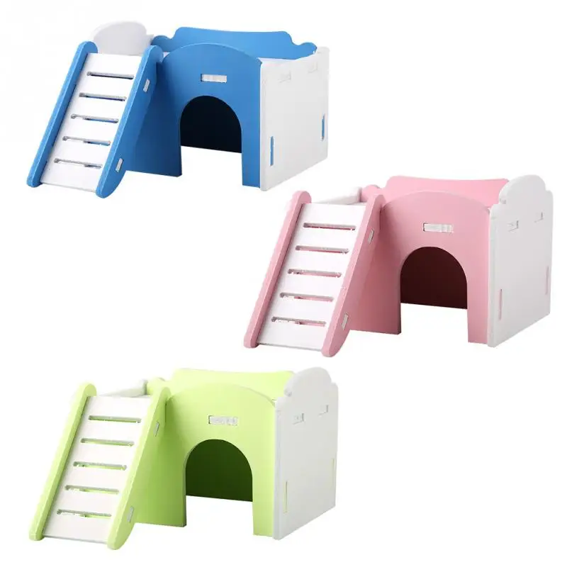 

3 Colors Double Layer Hamster House Cute Wooden Sleeping House with Stairs