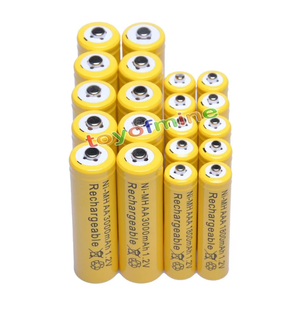 Kopen 10pcs AA 3000mAh + 10 stuks AAA 1800mAh 1.2V Ni Mh Oplaadbare Batterij geel cell
