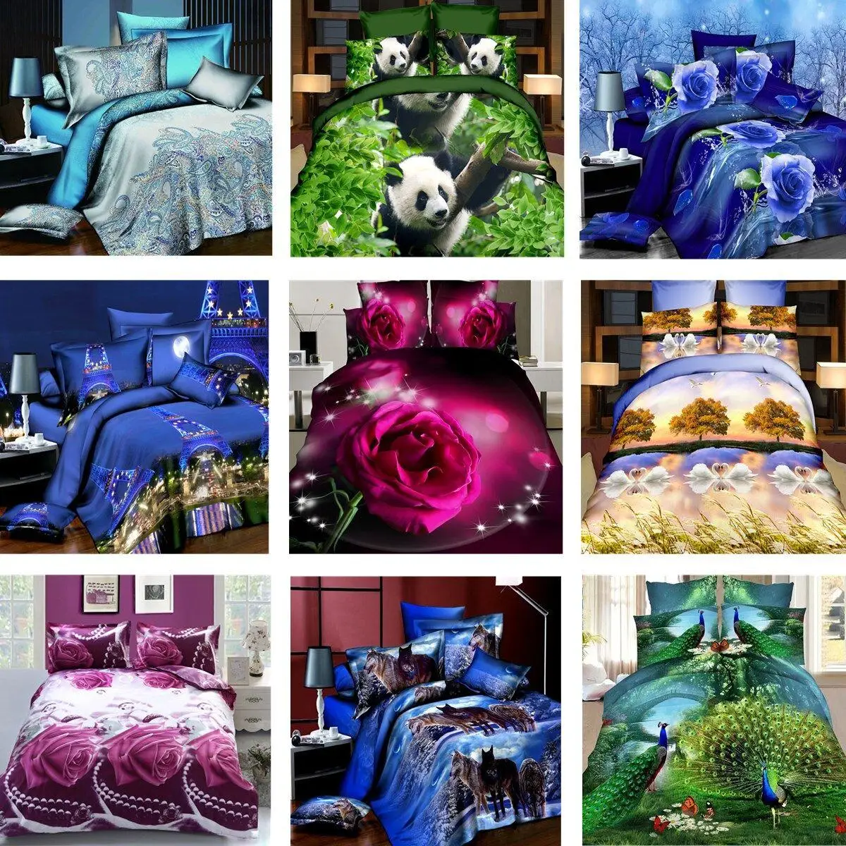 

4Pcs Bedding Set Luxury 3D Panda Brushed Printed Duvet Cover Bed Sheet Pillow Case Bed Set
