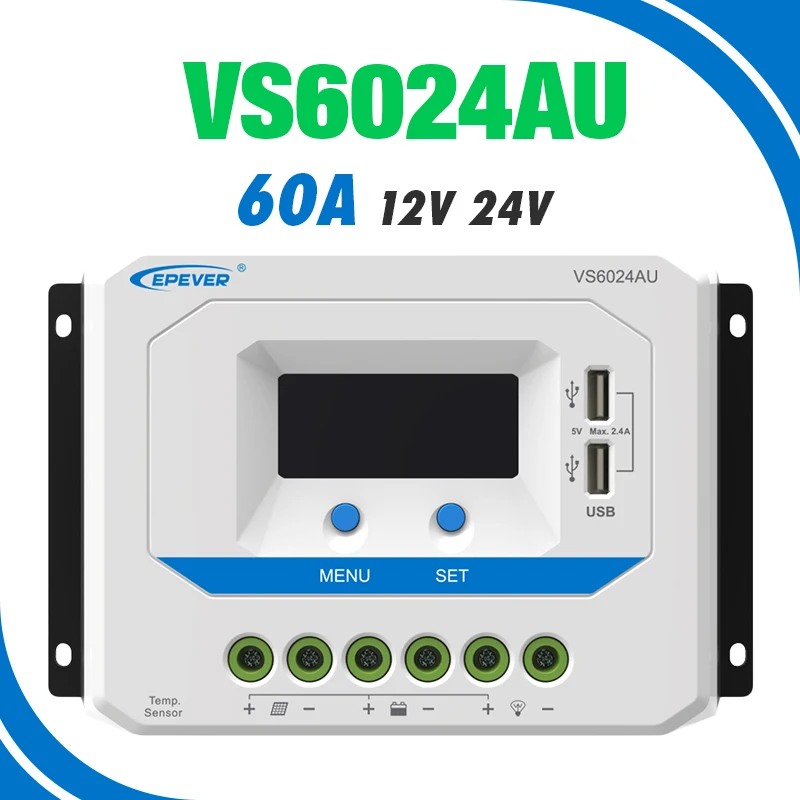 

EPEVER 60A Solar Controller 12V 24V Auto VS6024AU PWM Charge Controller with Built in LCD Display and Double USB 5V Port EPsola