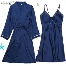 Сексуальный женский халат и платье, комплекты, кружевной Халат+ бантик, ночное платье, две части, пижамы, Женский комплект для сна, искусственный шелк, халат, Femme Linge