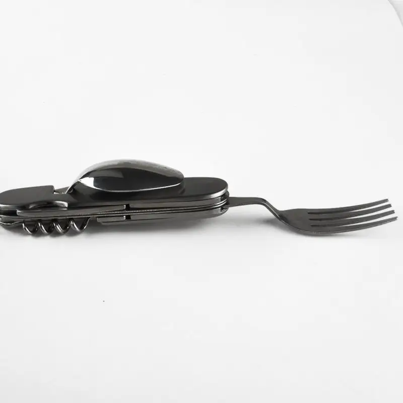 4 en 1 vajilla para exteriores (tenedor/cuchara/cuchillo/abrebotellas) Kits de bolsillo plegables de acero inoxidable para acampar para supervivencia de senderismo