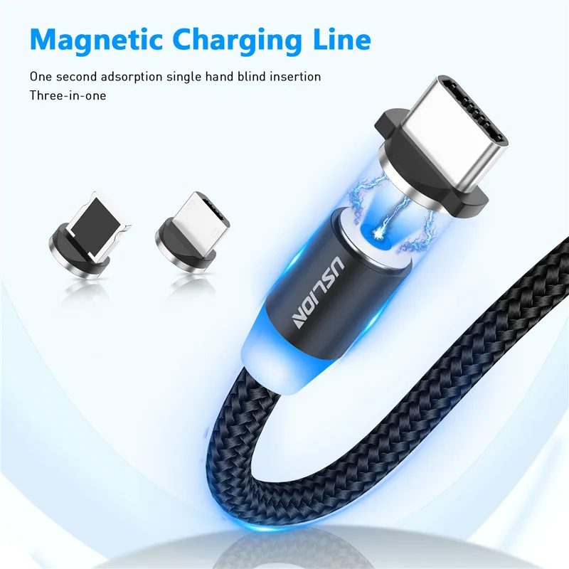 USLION 마그네틱 마이크로 USB 케이블, 삼성 S10 S9 C타입 충전, 아이폰 XS XR 8 7 자석 충전기, USB C타입 케이블