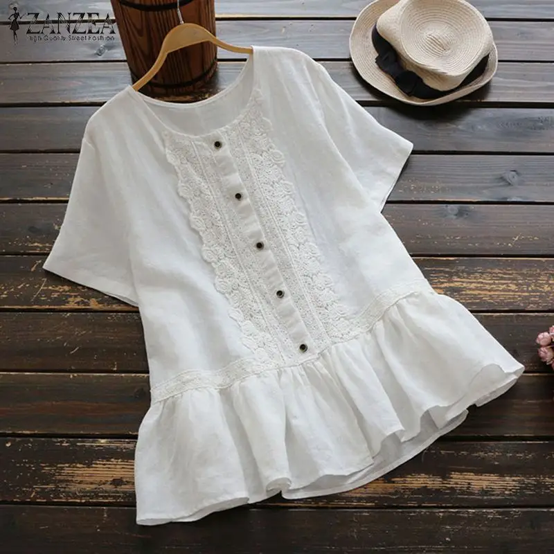 ZANZEA 2021 Summer Vintage Tops Women Short Sleeve Ruffles Blouse Casual Buttons Down Solid Shirt Femme Lace Blusas Top | Женская одежда