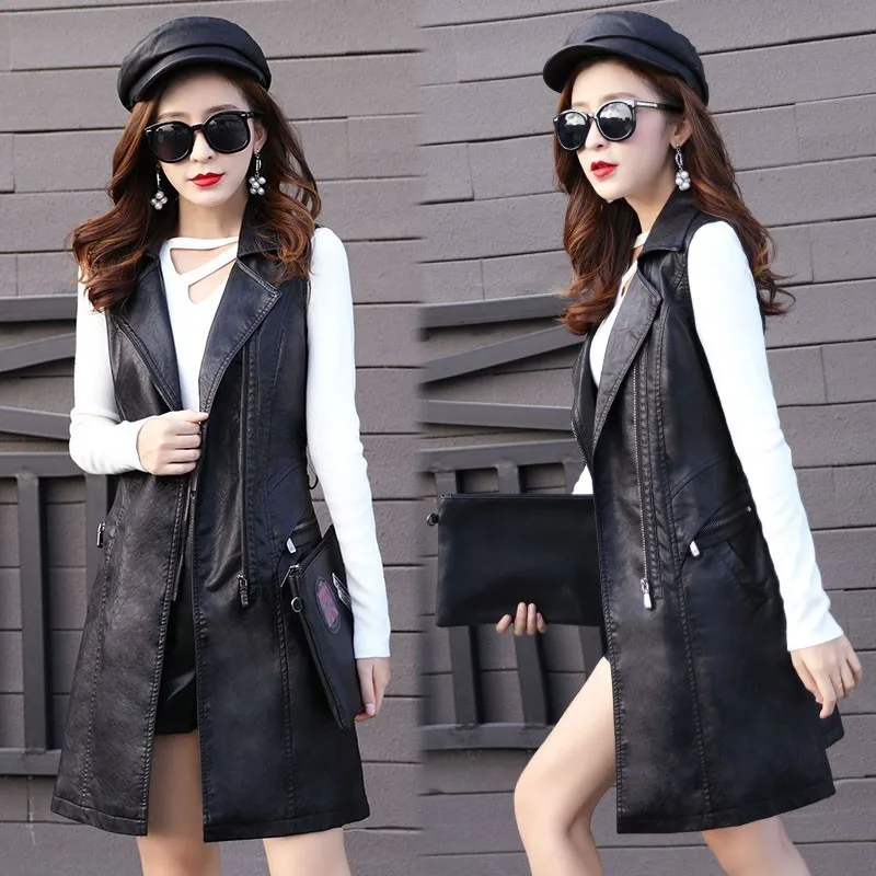 

#0715 Spring Long Faux Leather Vest Blazer Women PU Sleeveless Jacket Femme Waistcoat Office Suit Vest Women Slim Fit Plus Size