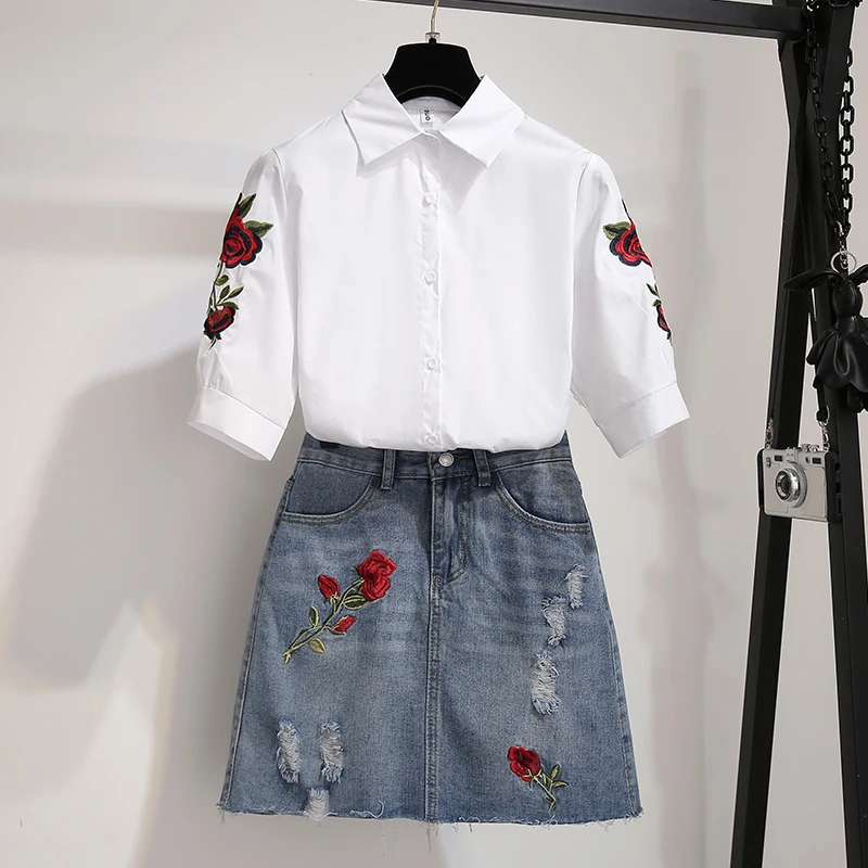 Faldas Mujer Moda 2019 Женская мини юбка с цветочной вышивкой комплект + белые блузки