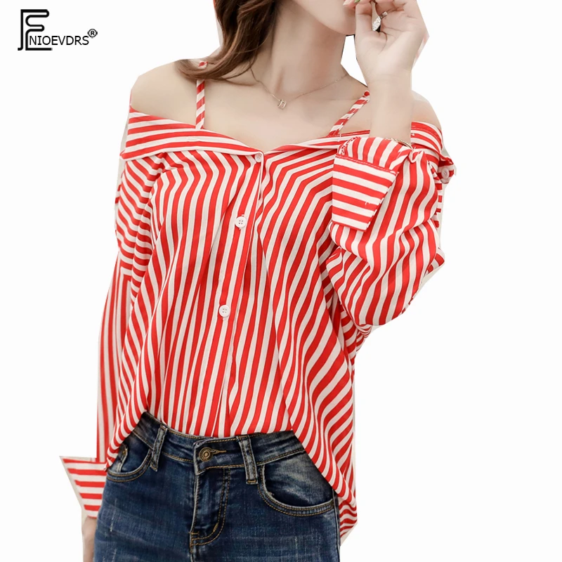 2019 Design Off Shoulder Tops Women Long Sleeve Top Blouses Red Black White Striped Button Boyfriend Open F211 - Blouses & Shirts -
