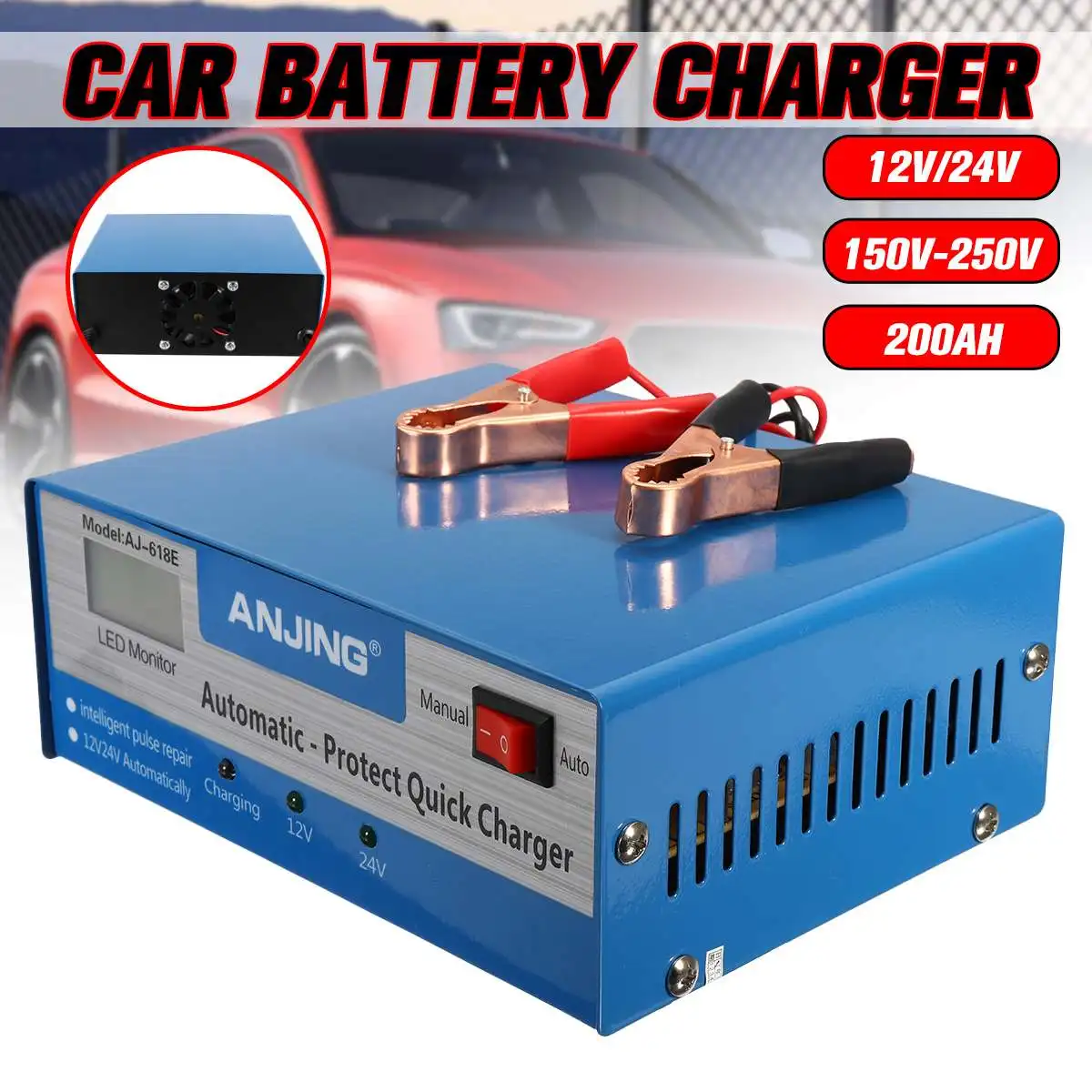 Car Battery Charger Autoleader Applicable to 12V/24V US Plug Lead Acid Battery PWM Five Charging Modes Digital Repairing Method