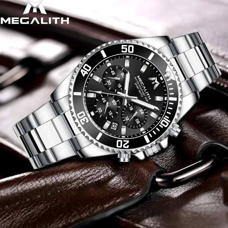 

MEGALITH Fashion Mens Watches Top Brand Luxury Waterproof Colck Stainless Steel Men Quartz Watch Gents Sport Wristwatch