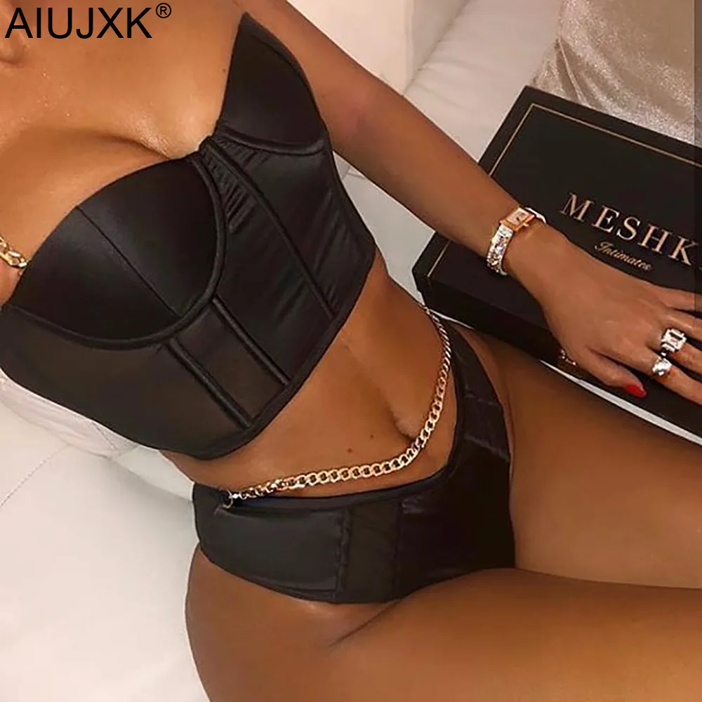 

AIUJXK New 2019 Women Two Piece Set Metal Chain Crop Tank Top And Briefs Transparent Spaghetti Strap Sexy Club Woman Body Set