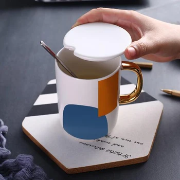 

Geometric Patterns Ceramic Coffee Mug with Lid and Spoon Office Drinking Milk Mugs Cups Gifts