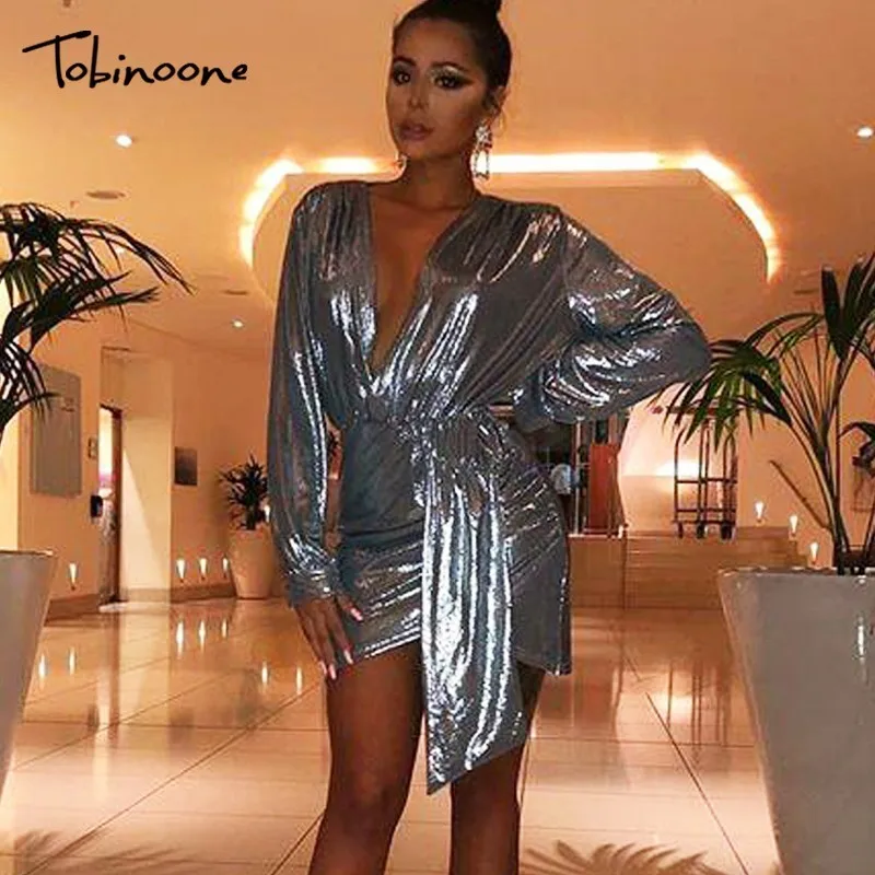 

Tobinoone deep V neck sexy club dress Women winter bodycon slim dress Female long sleeve party club vintage dress autumn 2019