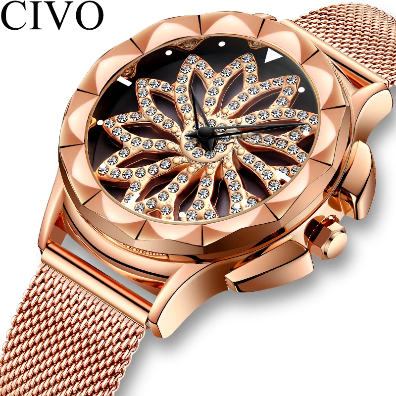 

CIVO Luxury Rhinestone Woman Watches Waterproof Mesh Strap Wristwatch Rose Gold Diamond Rotating Beauty Dress Watch Clock