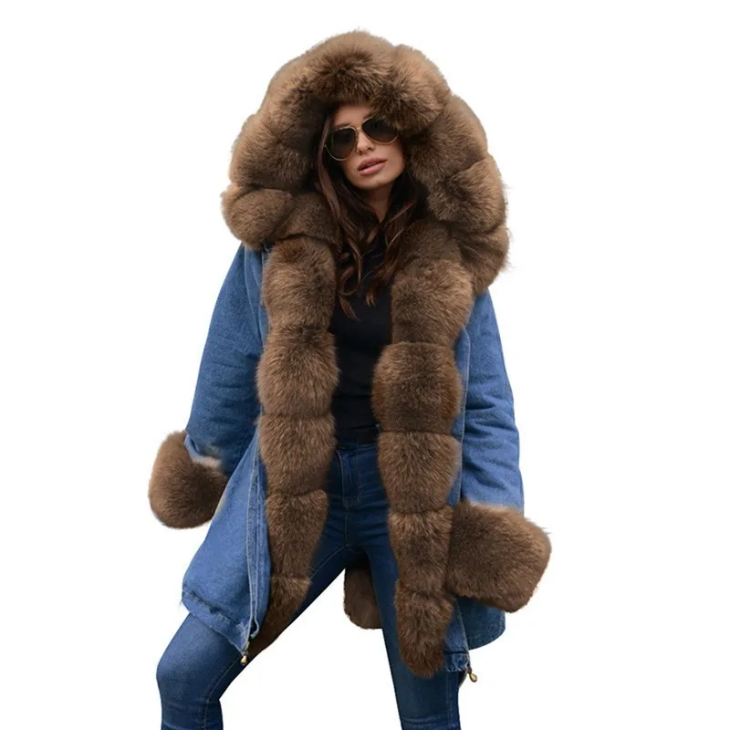 Ruiyige 2018 New Denim Parkas Women Winter Coat Cotton Female Winter Jacket Womens Fur Hood Outwear Female Fashion Denim Coats