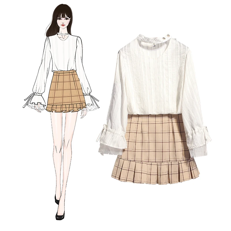 

spring new Korean fashion lantern long sleeve shirts & plaid Skirts two-piece women clothing set vestido top outfit S M L