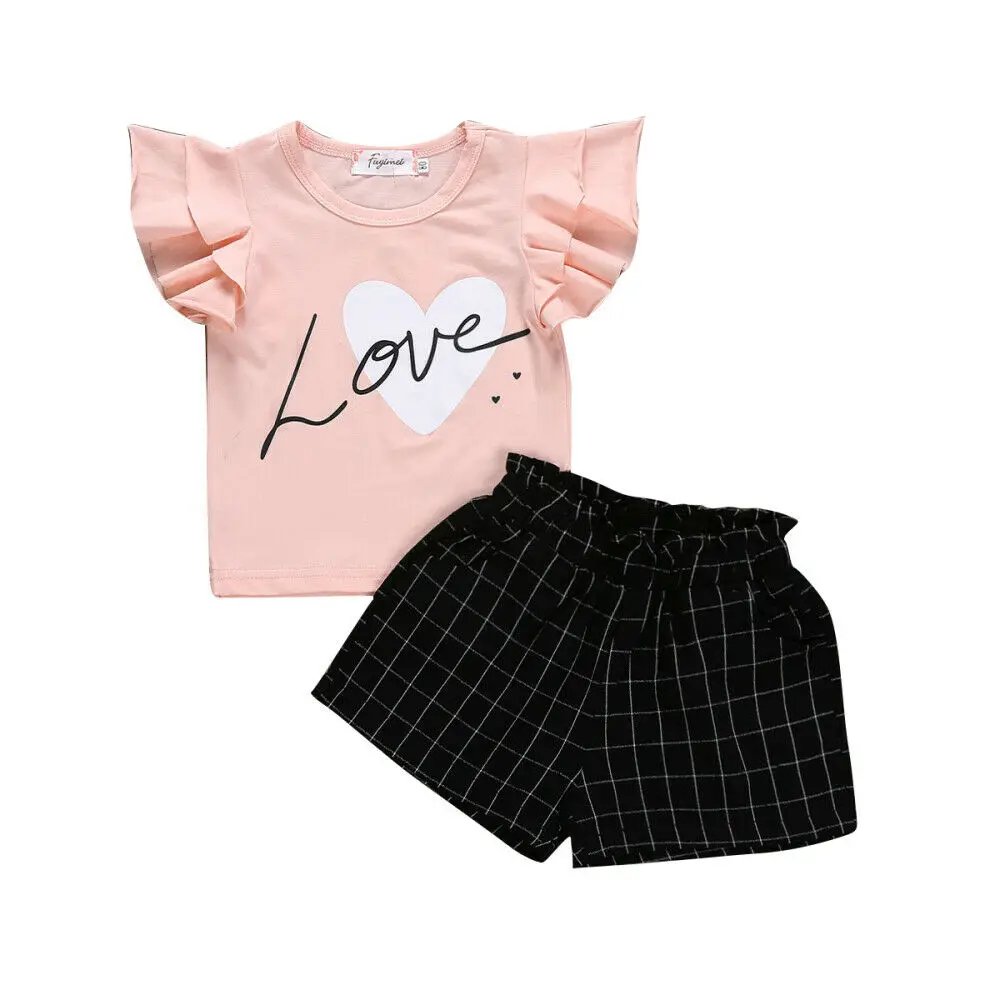 

Lovely Toddler Kids Baby Girl Ruffles Sleeveless Cotton T-shirt Tops Black Plaid Shorts 2PCS Outfits Princess Girls Clothes Set