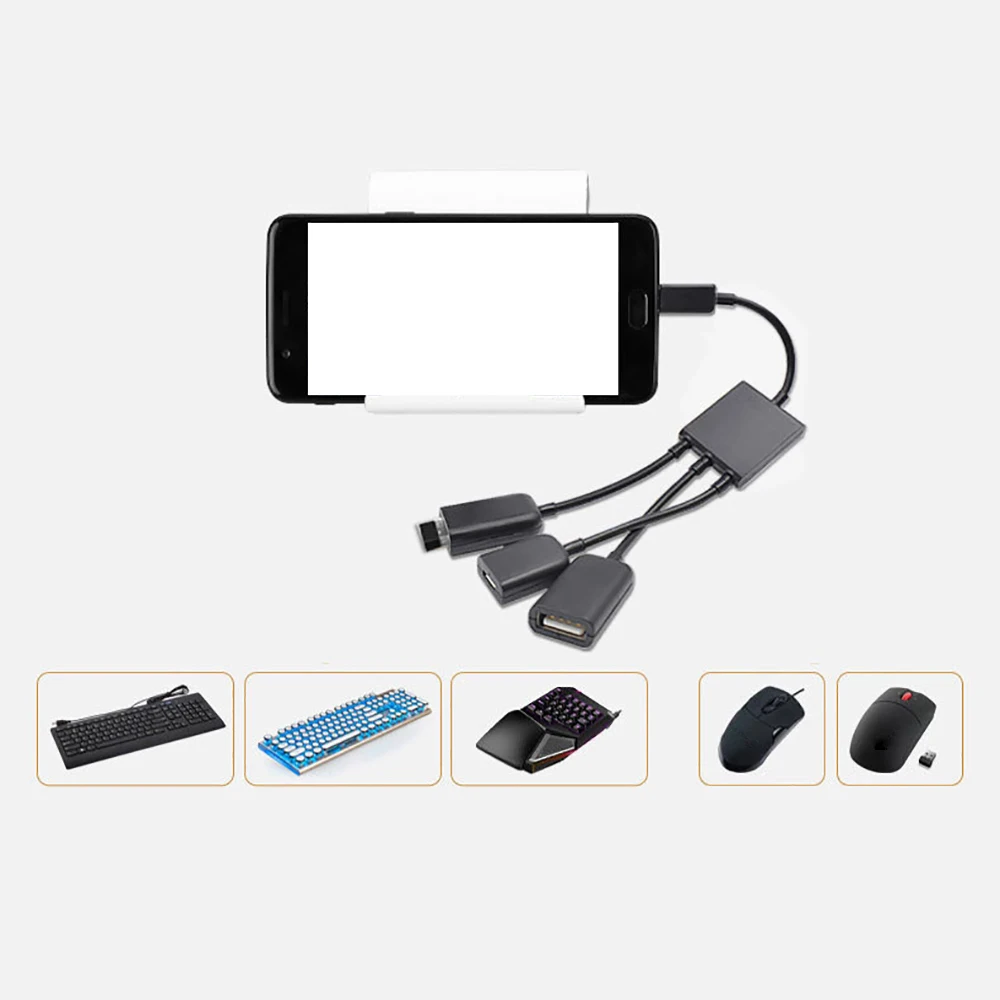 1Pc OTG Micro USB Male to 2x USB Port+1x Micro USB Female Adapter Connector For Smartphone Android U-Disk Laptop Phone Adapters