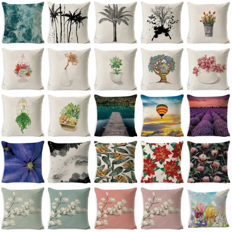 

18'' Plant Flowers Cotton Linen Throw Pillow Case Soft Back Cushion Room Gifts Single Sides Printing Cover Home