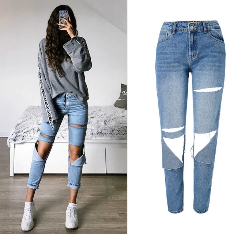

High Waist Straight Jeans Women Streetwear Distressed Hollow Out Hole Ripped Jeans Loose Blue Vaqueros Mujer Grande Taille Femme