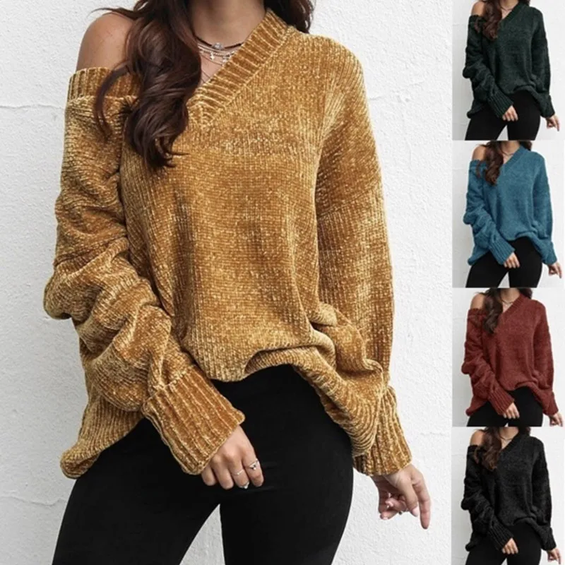 

Fashion 2019 Autumn Winter Sweater Women Loose Pullover V Neck Long Sleeve Plus Size 2XL Ladies Causal Velvet Knitted Pullover