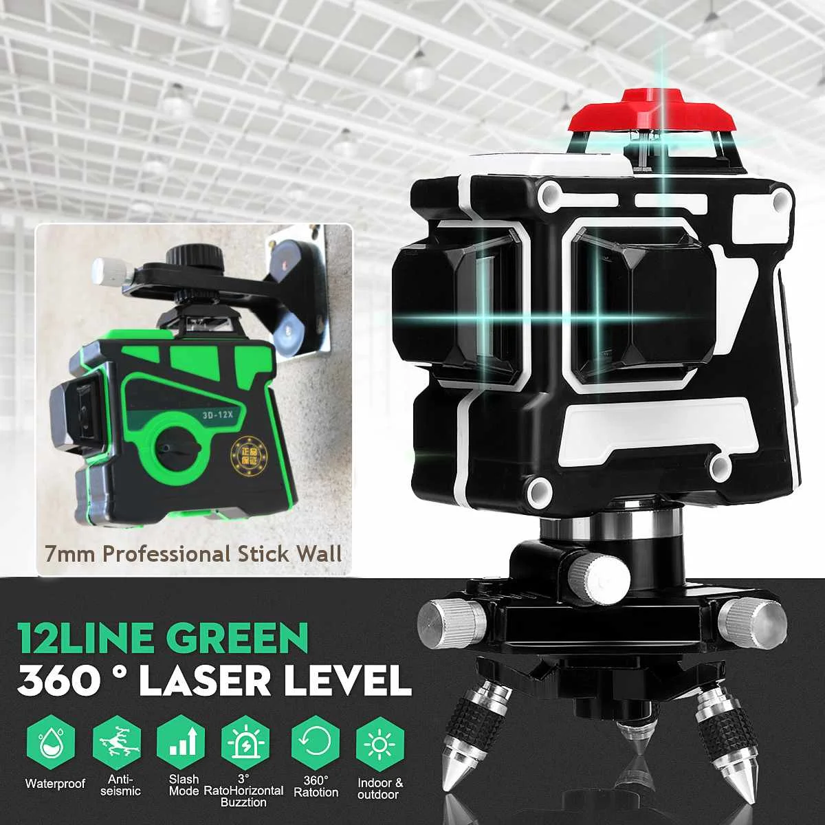 

360 Rotary Measure 3D 12 Line Green/Blue Light Laser Level Self Leveling Cross With Tripod Base 360 Rotating Green/Blue 100-240V