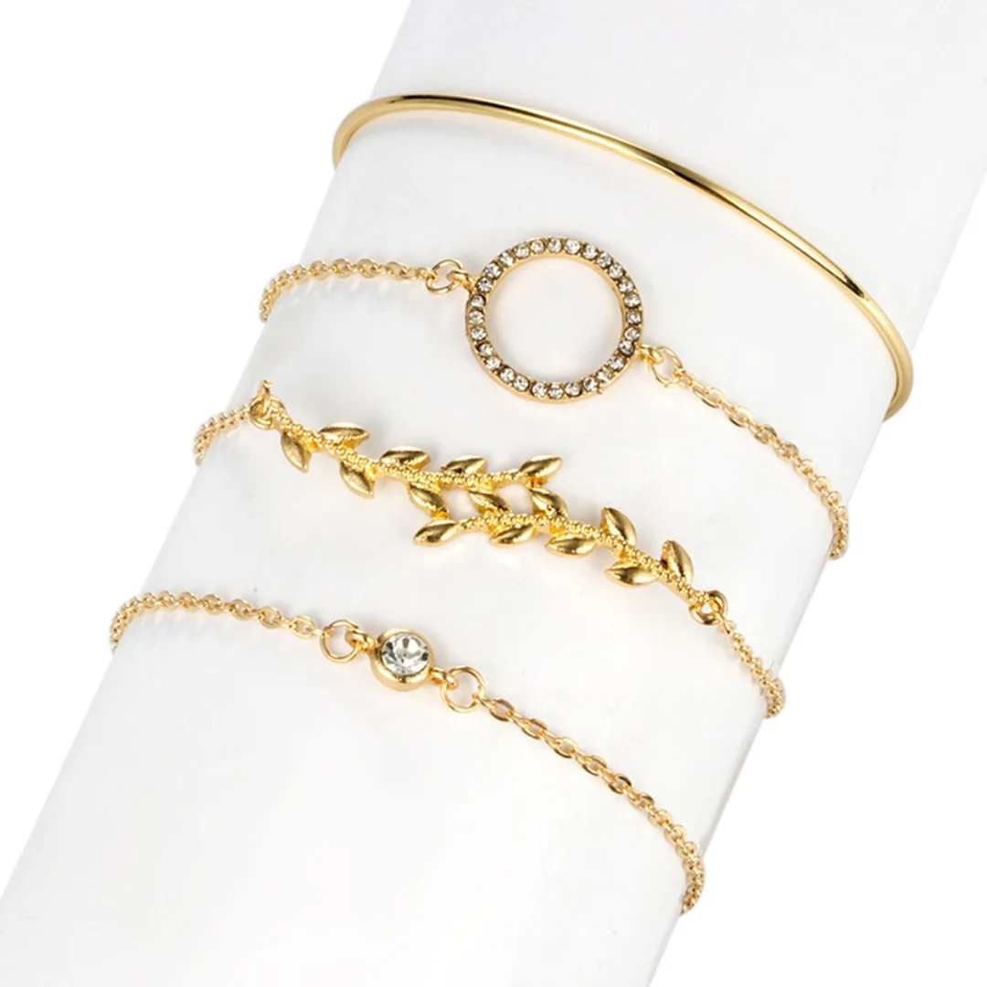 

4 Pcs/ Set Vintage Gold Crystal Circle Bracelet for Women Bohemian Metal Leaf Adjustable Charm Bracelet Bangle Jewelry Gift