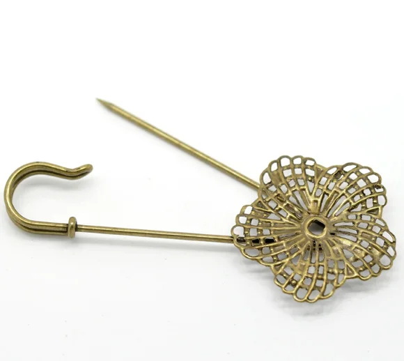 DoreenBeads Antique Bronze Flower Safety Pins Brooches 8.3x3.4cm 10PCs