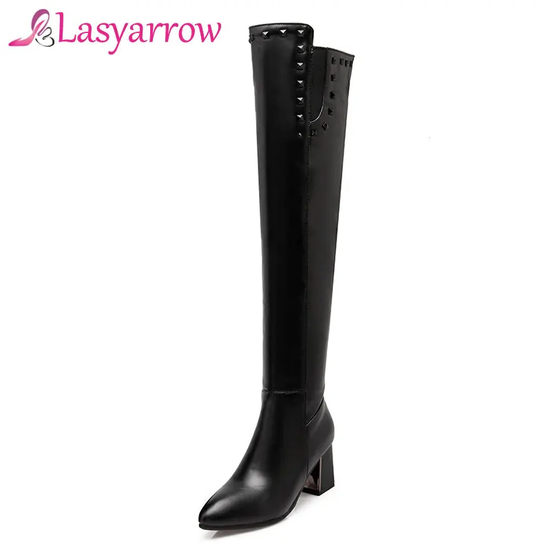 

Lasyarrow Fashion Rivets Studded Women's Shoes Solid Black Autumn Thigh High Boots For Women Elastic Over the Knee Boots Woman