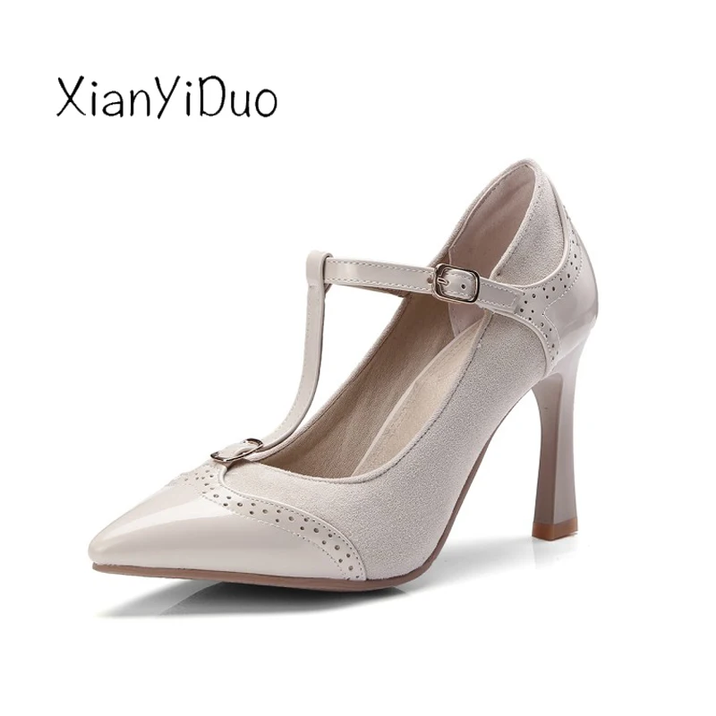 Xianyiduo 2019 Spring women's Shoes Pointed toe super high heels Pumps Retro plus size 34-48 red Beige T-Strap/ 564