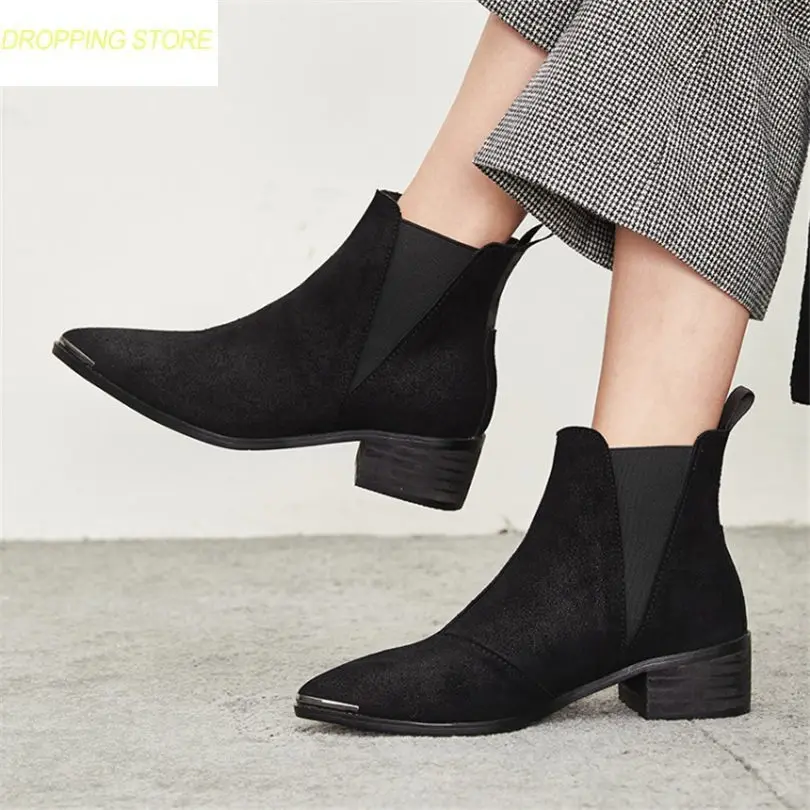 

2018 Chelsea Boots Women Slip On Genuine Leather Ankle Boots Winter Warm Pointed Toe Oxfords Shoes Casual Shoes