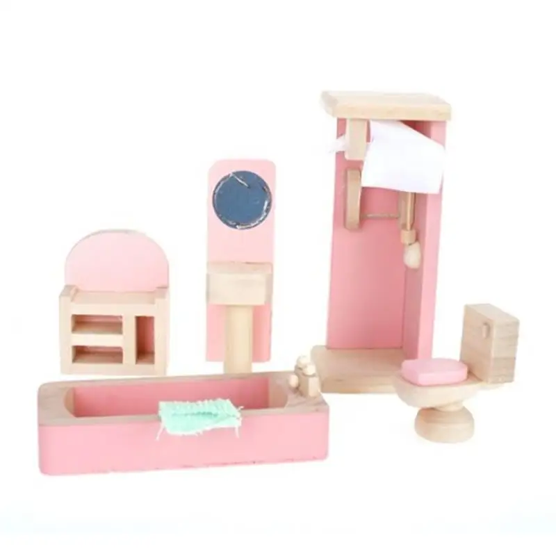 Деревянный Кукольный дом Кукольный домик с мебелью миниатюрный розовый набор для ванной комнаты детская игрушка 1/12 Ванна комод Туалет игровой дом украшение