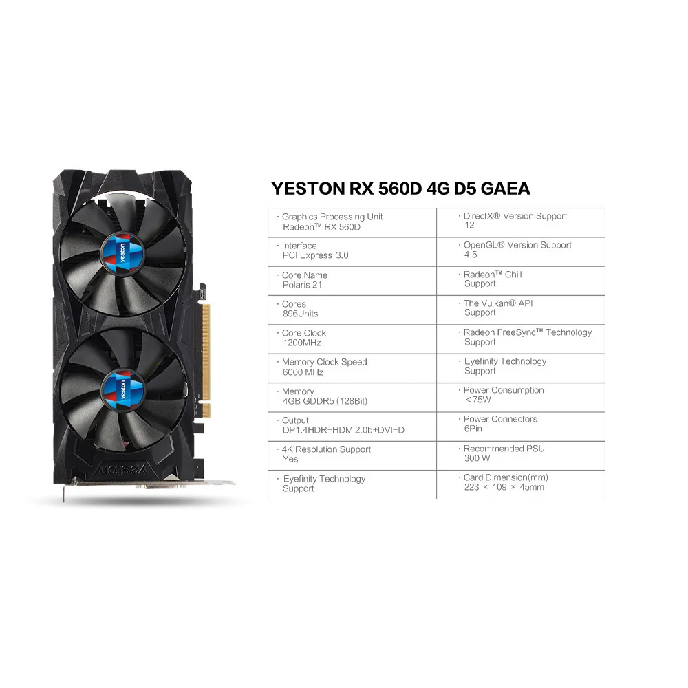 Yeston Radeon Rx560D 4 ГБ Gddr5 Pci Express 3 0 Directx12 видеоигровая видеокарта внешняя для рабочего