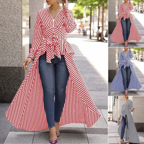 

Women Ladies Dresses Fashion Elegant Stripe Long Sleeve V Neck Tops Polyester Fashion Tunic Curve Dress Bottom Tops S-XL