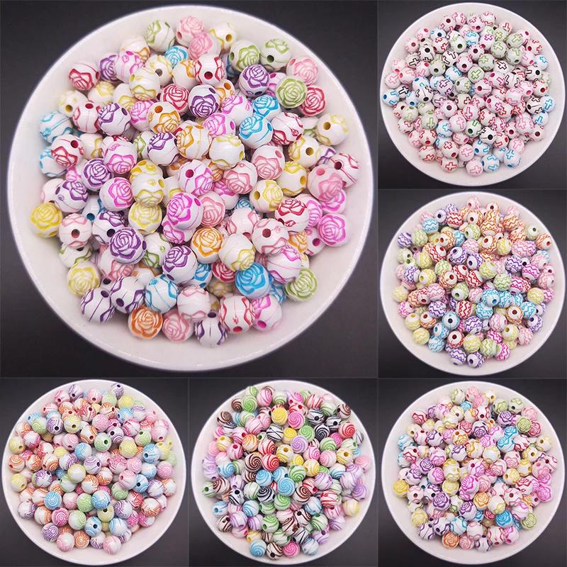 

60pcs 8mm Mixed-color Round Straight Hole Beads Wavy lines Flower Pattern DIY Making Bracelet Necklace Jewelry Accessories